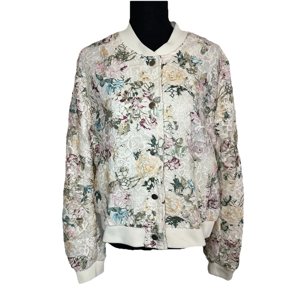 Nanette‎ Lepore Women XL Floral Lace Bomber Lined Jacket Cream Button Up Pockets